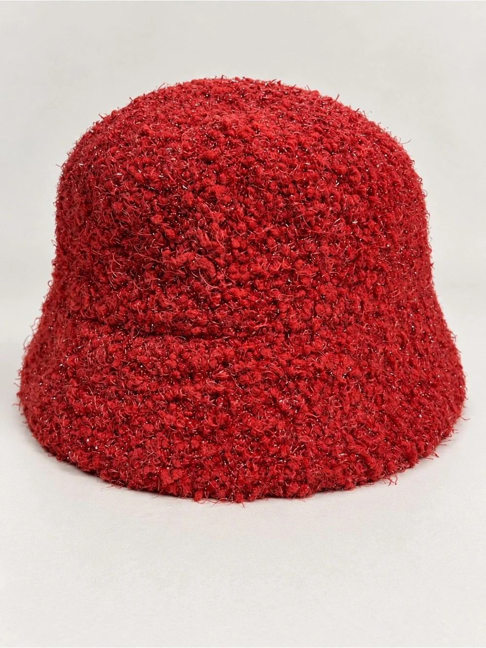 Cejon Red Sparkle Textured Bucket Hat Women’s Fuzzy Bouclé Cloche